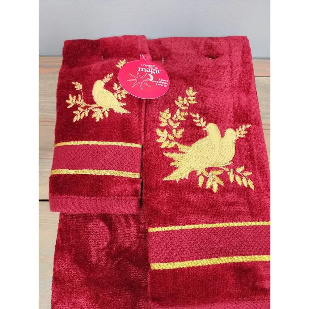 JC Penny Embroidered Partridge Collection Bath Towel/2 Hand Towels Burgandy